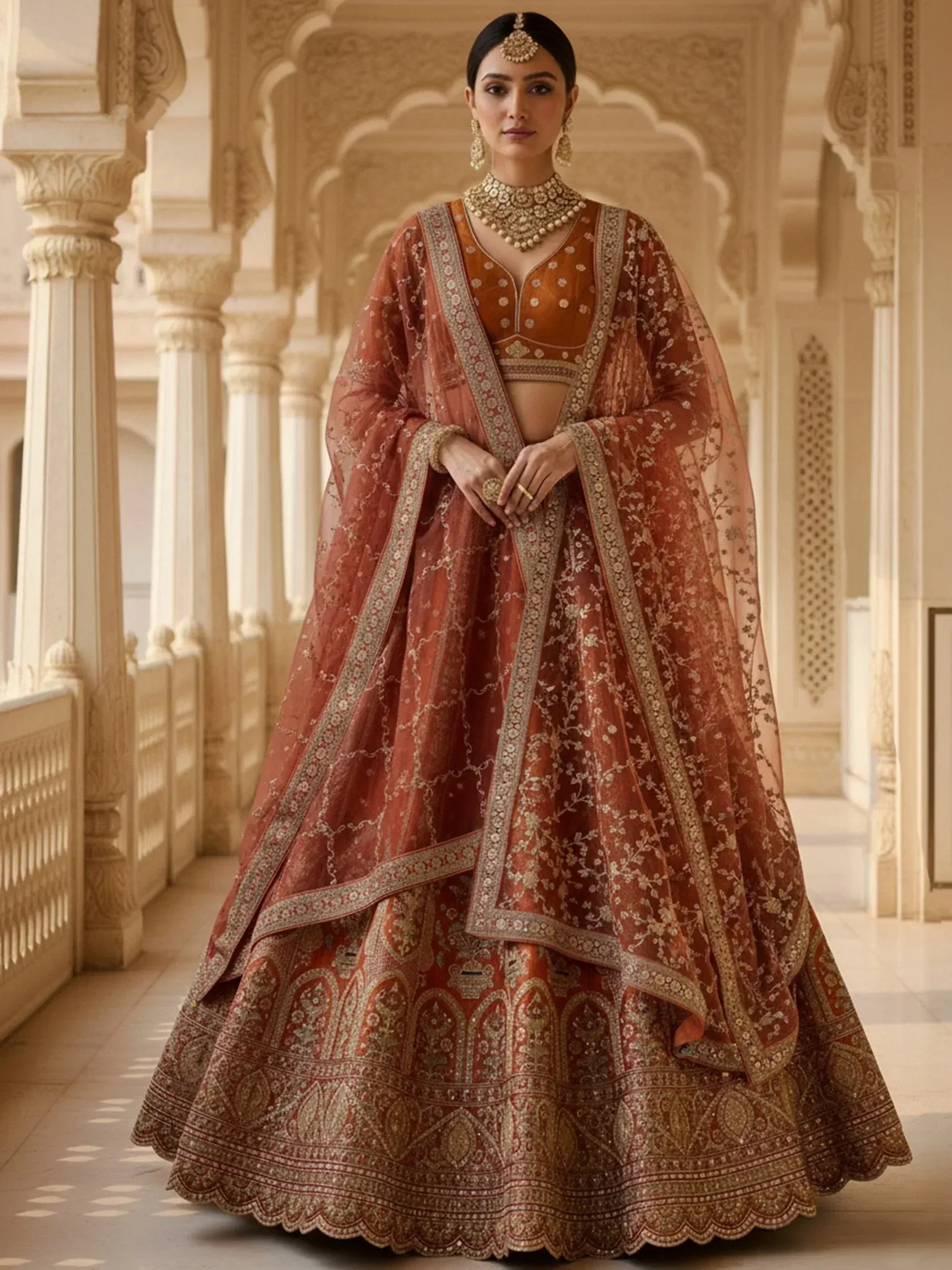 Attractive Orange Heavy Silk Bridal Lehenga Choli With Double Dupatta