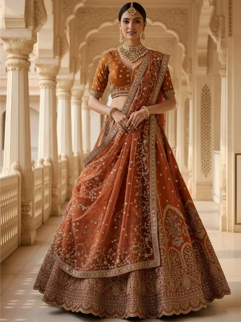 Attractive Orange Heavy Silk Bridal Lehenga Choli With Double Dupatta
