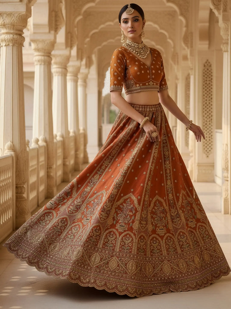 Attractive Orange Heavy Silk Bridal Lehenga Choli With Double Dupatta
