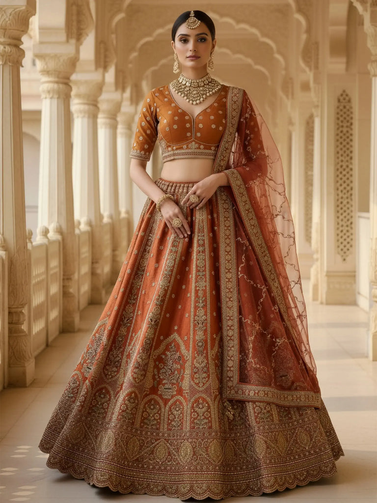 Attractive Orange Heavy Silk Bridal Lehenga Choli With Double Dupatta