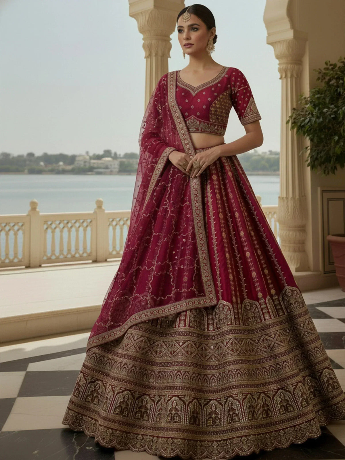 Elegant maroon lehenga choli with intricate gold embroidery, perfect for Indian ethnic wear.