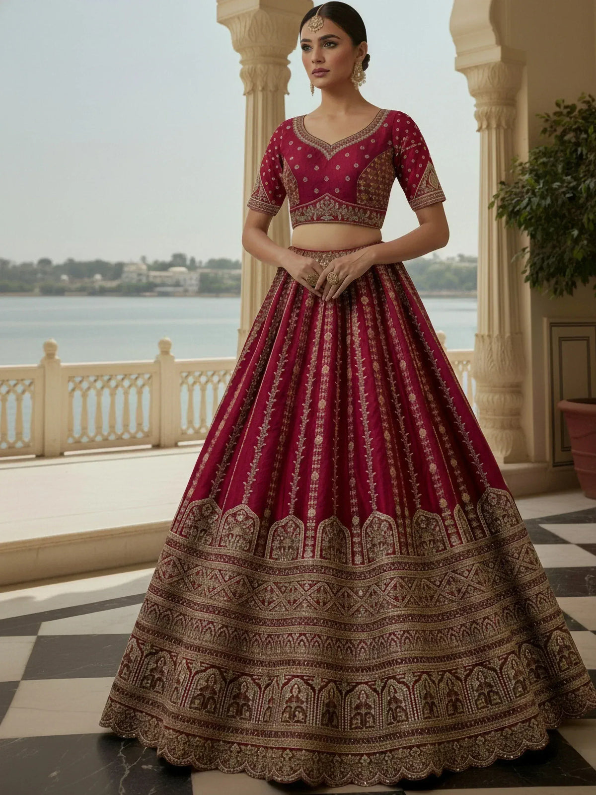 Elegant maroon lehenga choli with intricate gold embroidery, perfect for Indian ethnic wear.