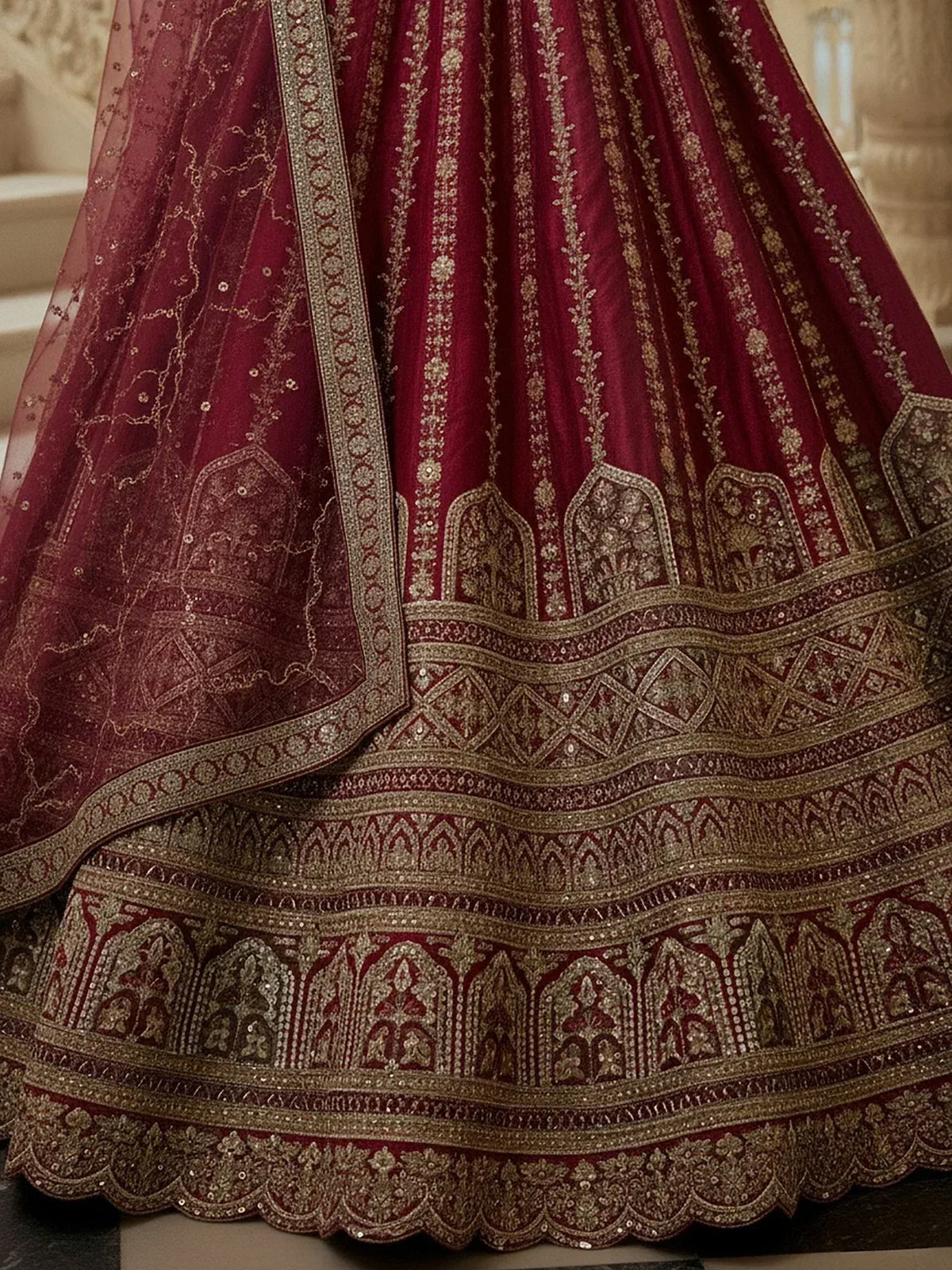 Rich maroon lehenga with intricate gold embroidery and detailed border designs