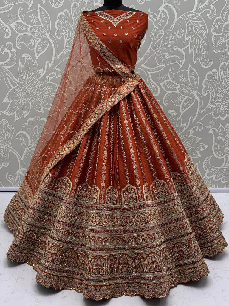 Awesome Orange Mirror Handwork Silk Bridal Wear Lehenga Choli