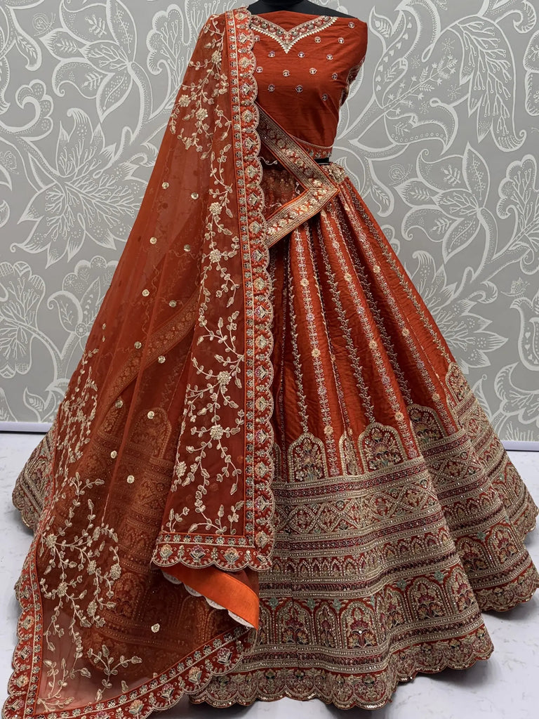 Awesome Orange Mirror Handwork Silk Bridal Wear Lehenga Choli