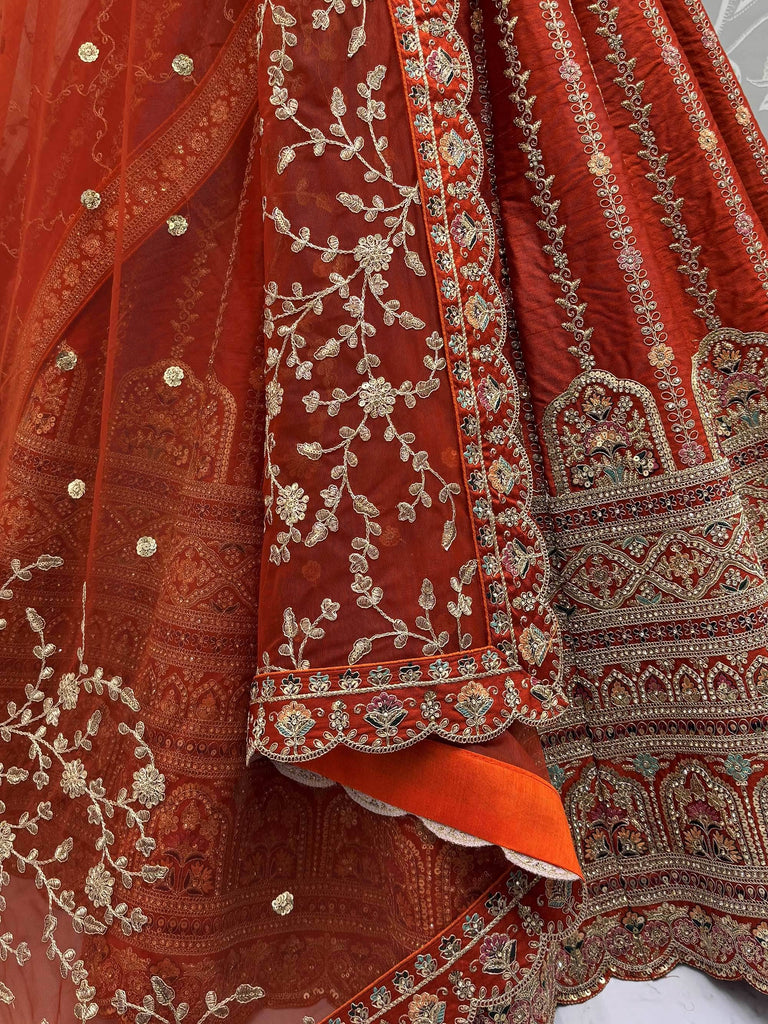 Awesome Orange Mirror Handwork Silk Bridal Wear Lehenga Choli