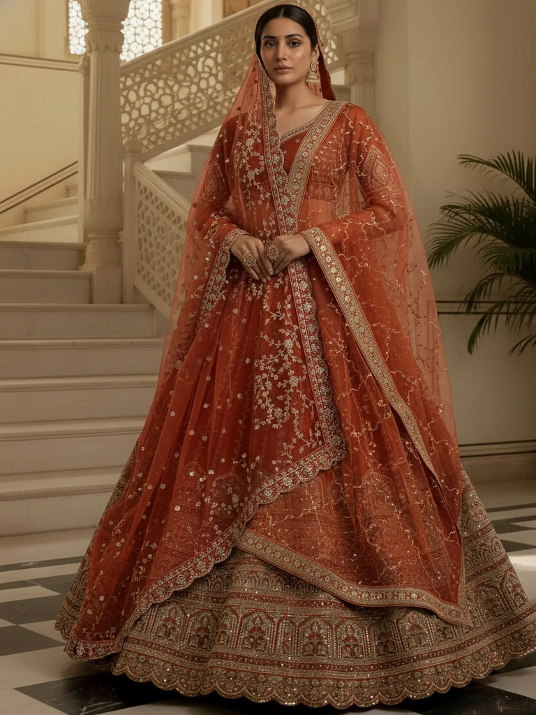 Awesome Orange Mirror Handwork Silk Bridal Wear Lehenga Choli