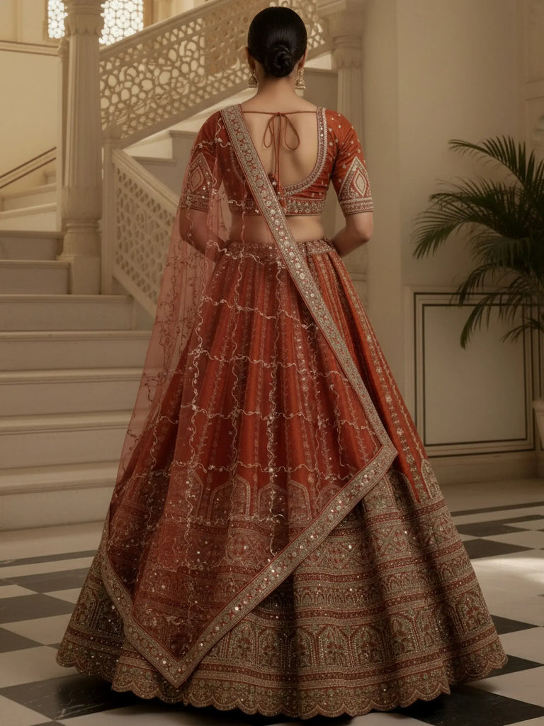 Awesome Orange Mirror Handwork Silk Bridal Wear Lehenga Choli