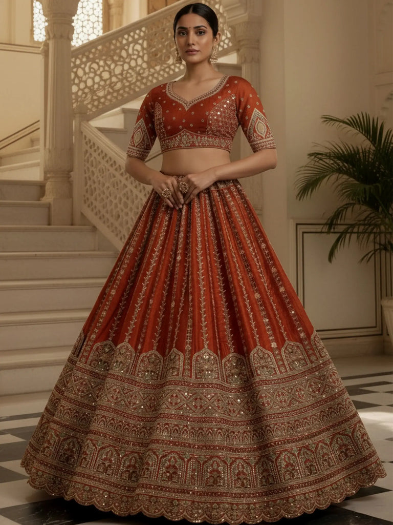 Awesome Orange Mirror Handwork Silk Bridal Wear Lehenga Choli