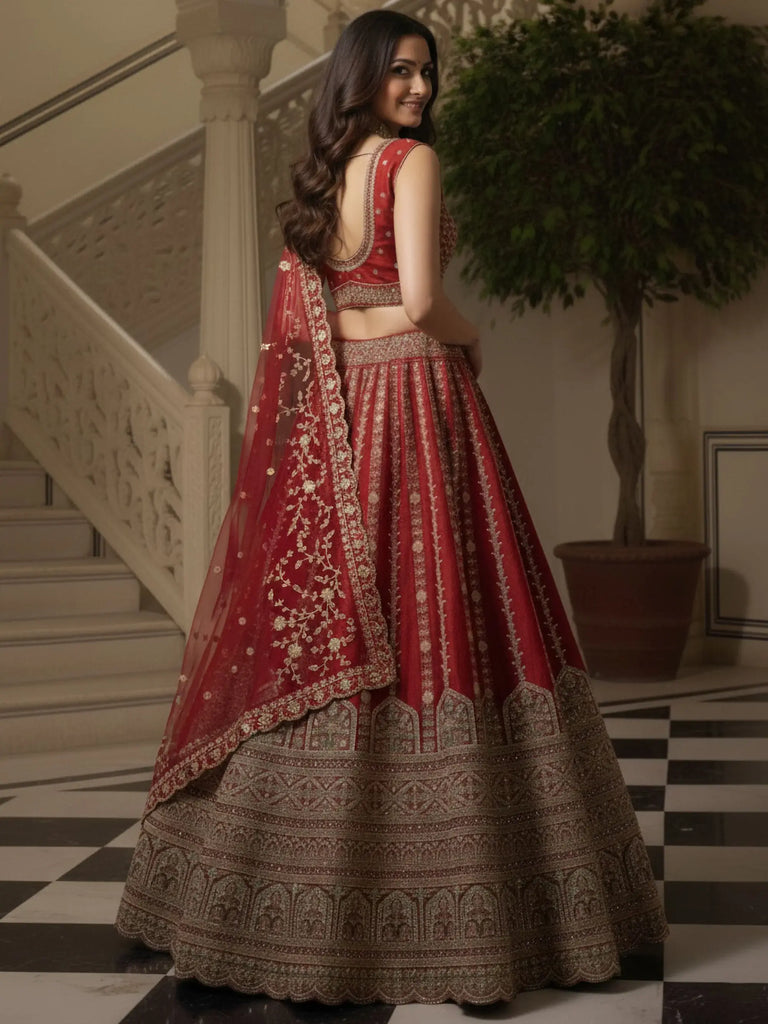Amazing Red Sequins Embroidered Silk Bridal Wear Lehenga Choli