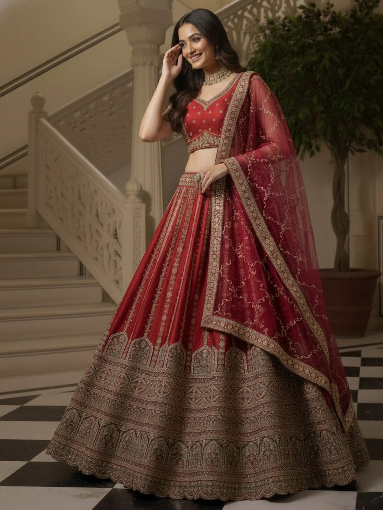 Amazing Red Sequins Embroidered Silk Bridal Wear Lehenga Choli