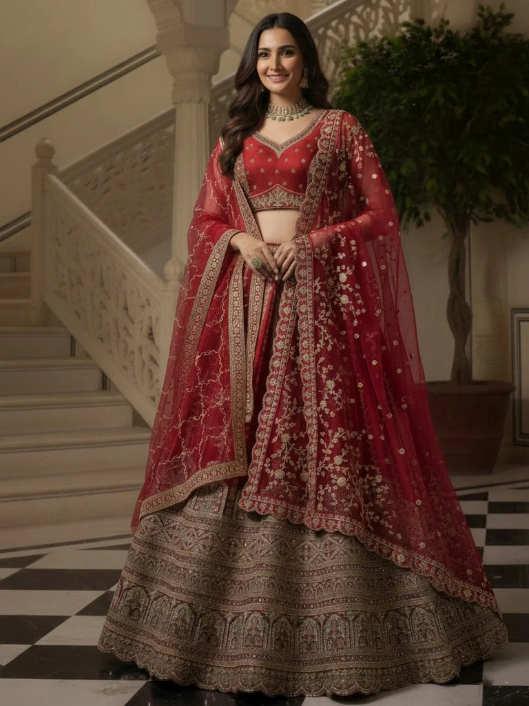 Amazing Red Sequins Embroidered Silk Bridal Wear Lehenga Choli