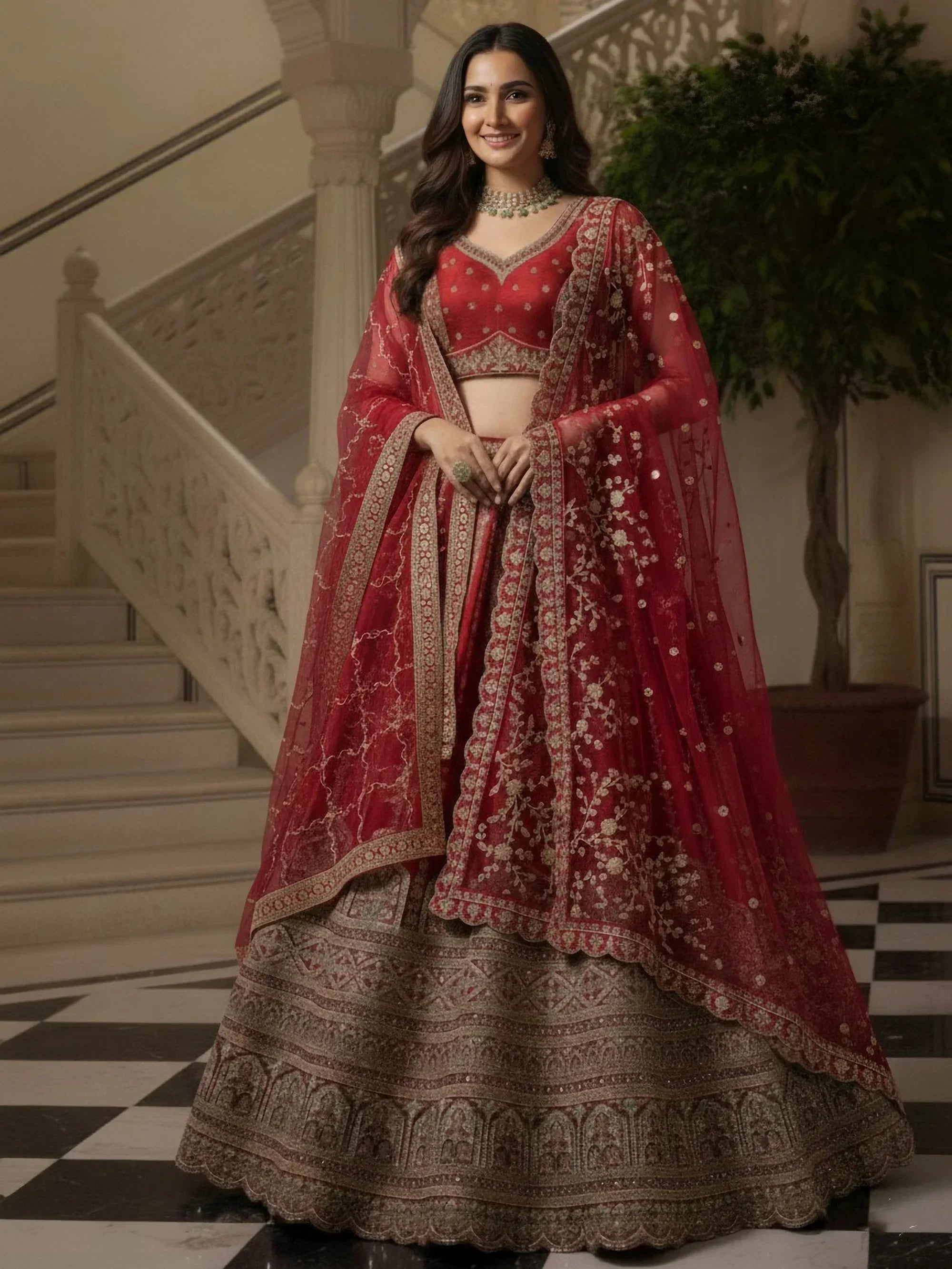 Amazing Red Sequins Embroidered Silk Bridal Wear Lehenga Choli