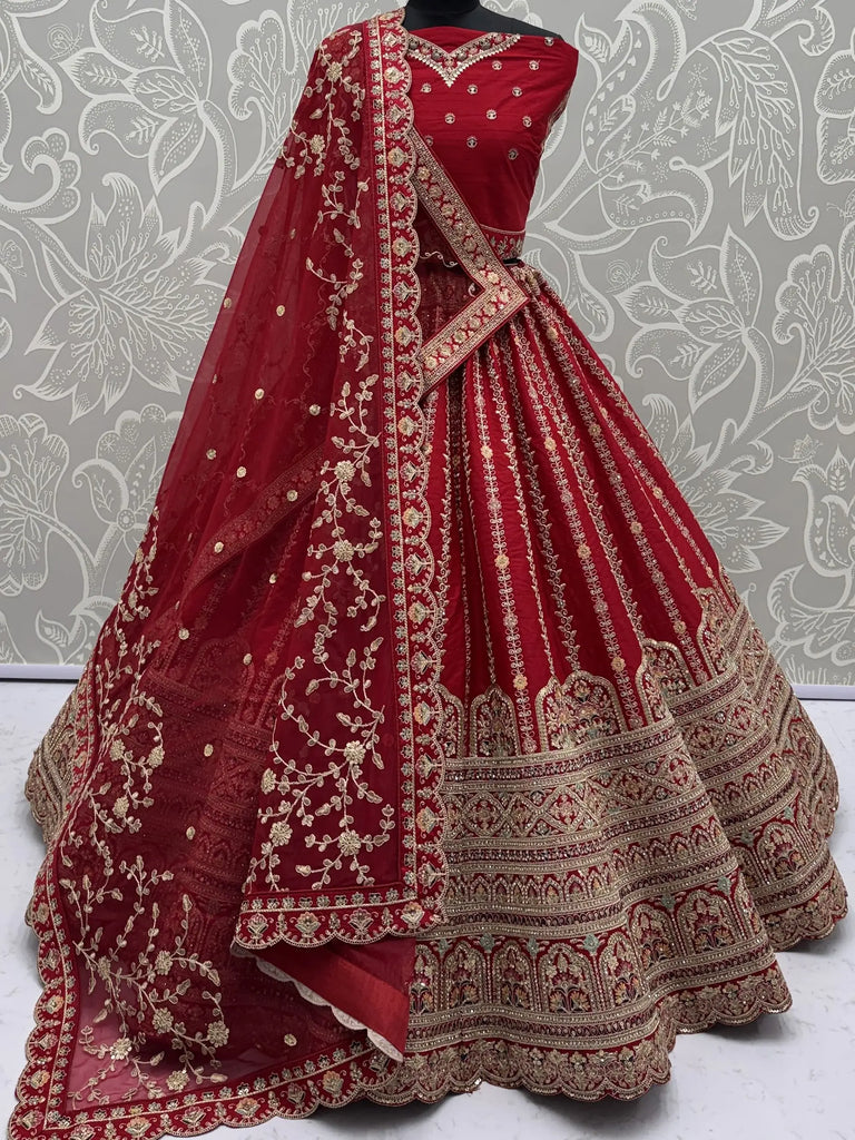 Amazing Red Sequins Embroidered Silk Bridal Wear Lehenga Choli