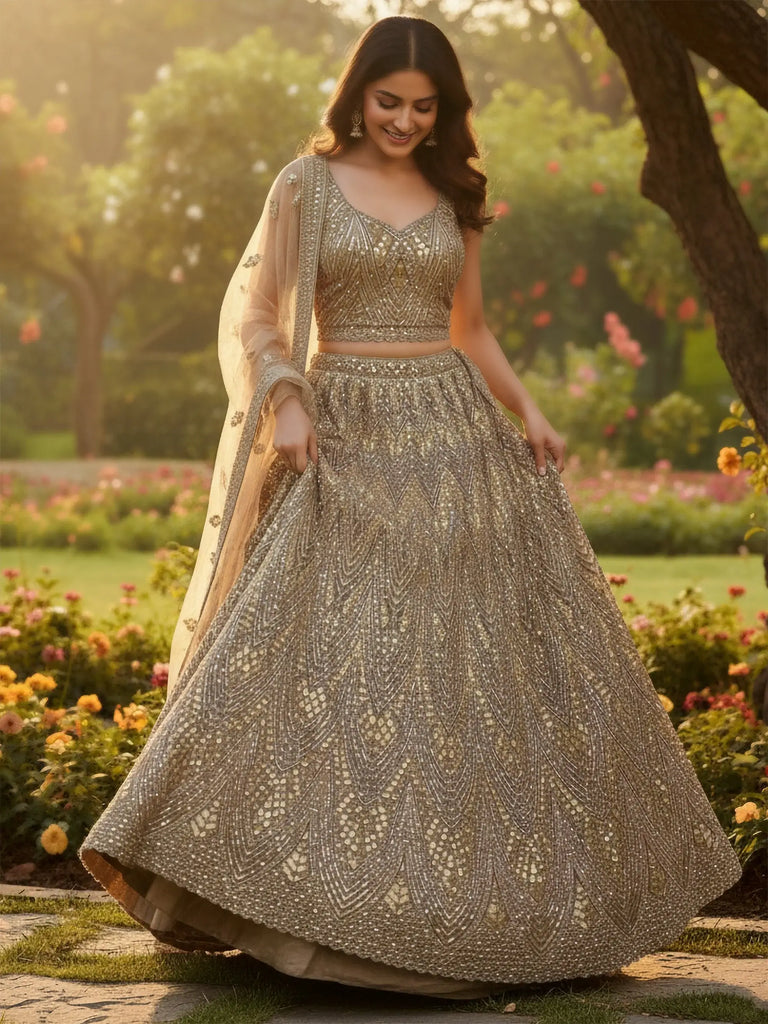 Wonderful Golden Sequins Embroidered Net Reception Wear Lehenga Choli