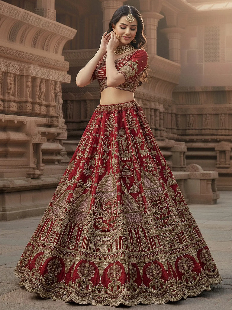 Stunning Red Embroidered Silk Bridal Lehenga Choli With Double Dupatta