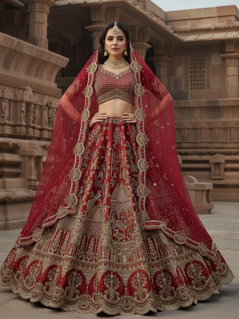 Stunning Red Embroidered Silk Bridal Lehenga Choli With Double Dupatta