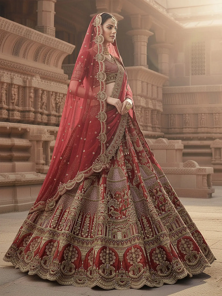 Stunning Red Embroidered Silk Bridal Lehenga Choli With Double Dupatta