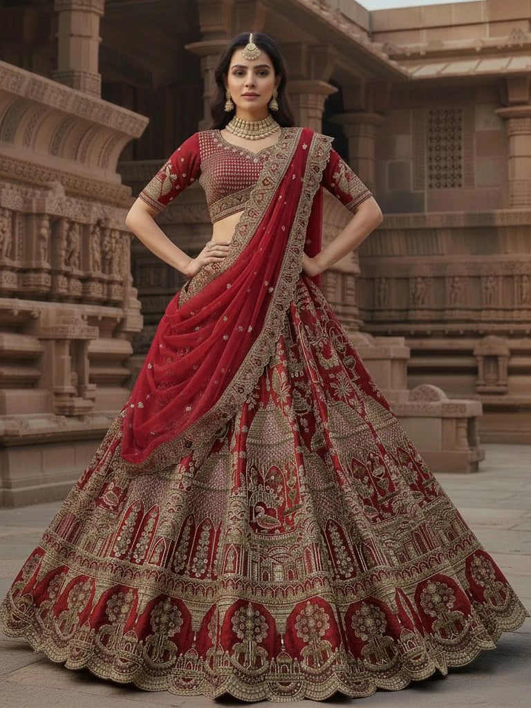 Stunning Red Embroidered Silk Bridal Lehenga Choli With Double Dupatta