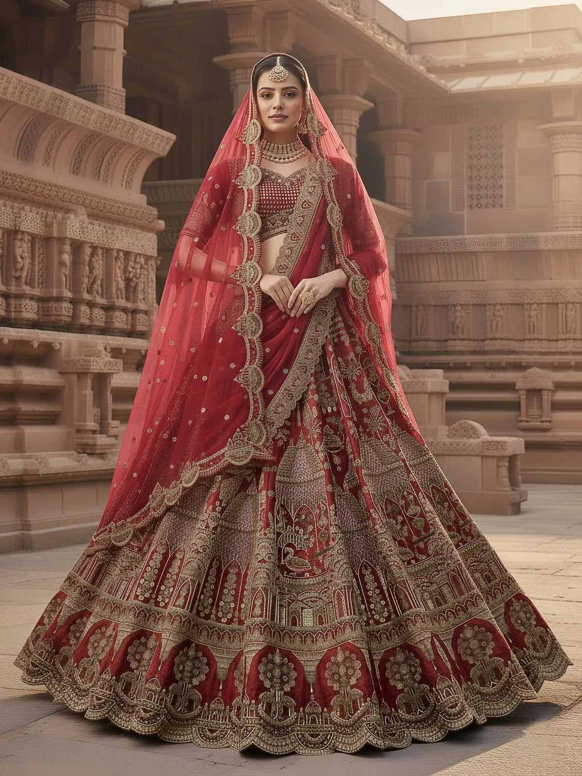 Stunning Red Embroidered Silk Bridal Lehenga Choli With Double Dupatta