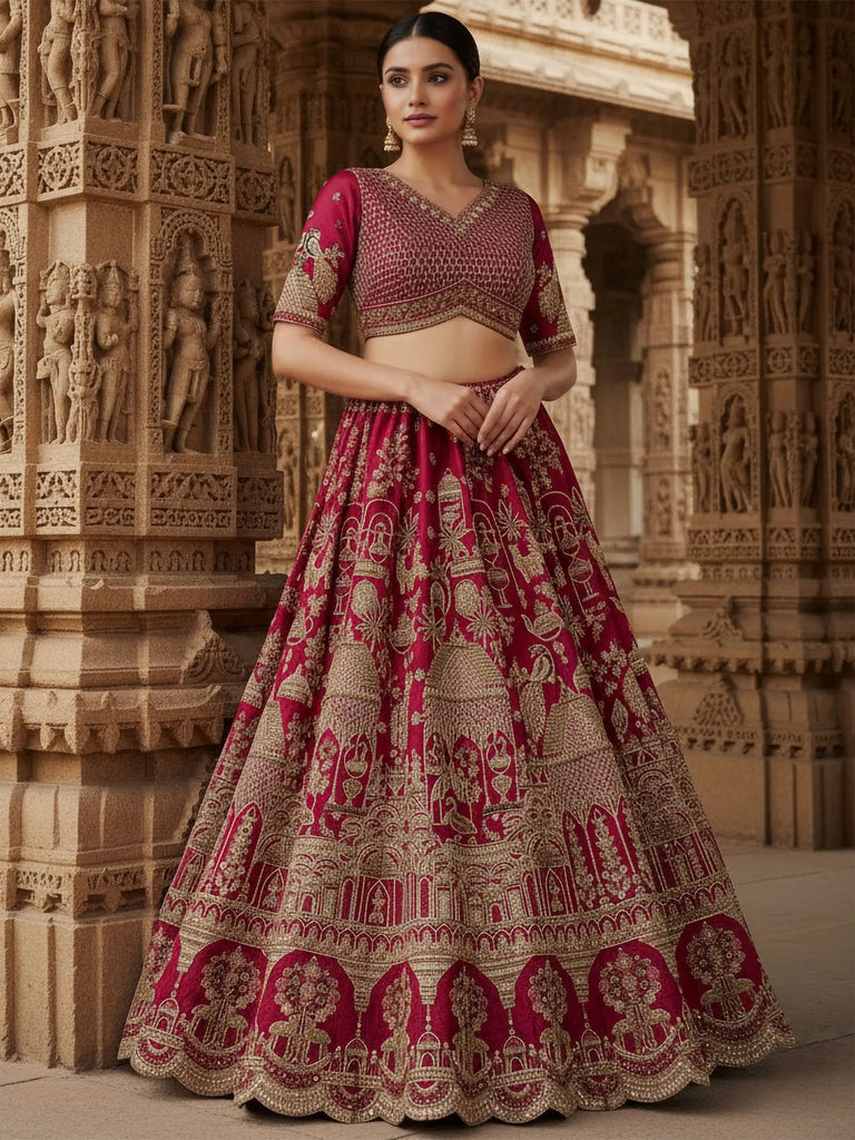 Gorgeous Pink Embroidered Silk Bridal Lehenga Choli With Double Dupatta