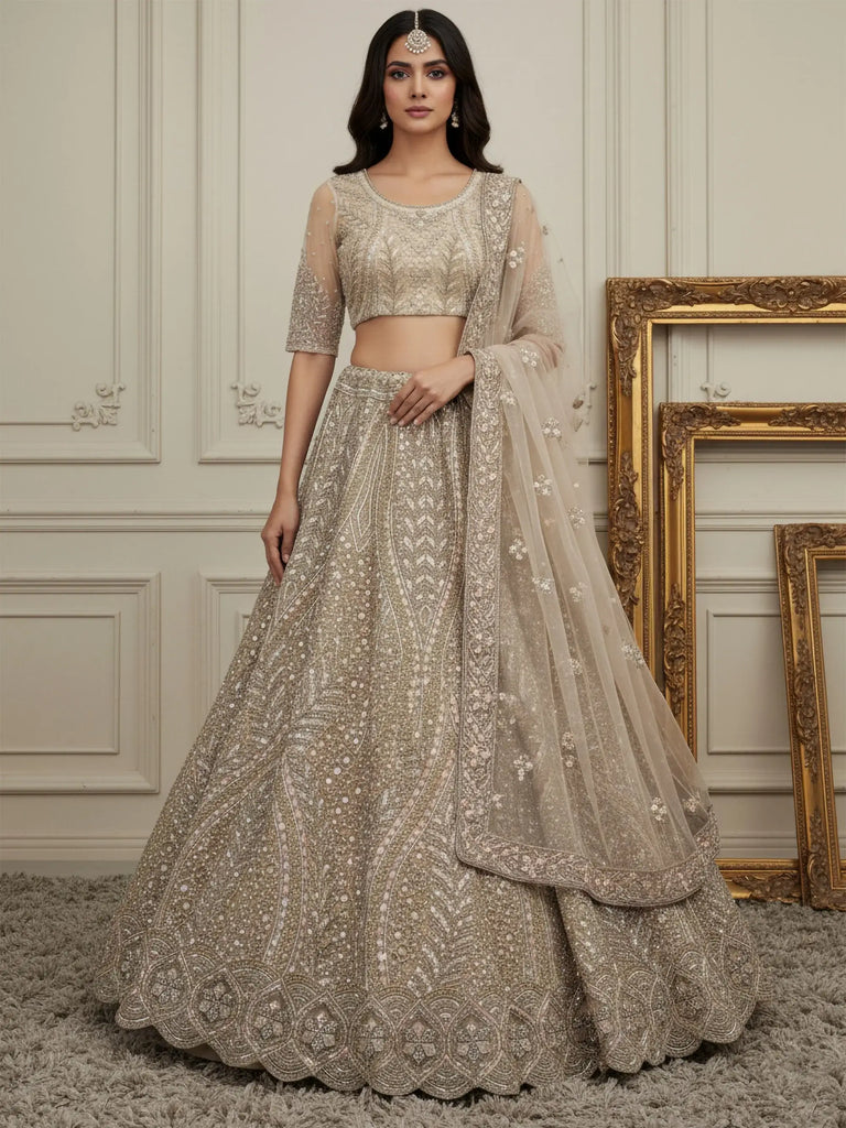 Beautiful Golden Diamond Work Net Reception Wear Lehenga Choli 
