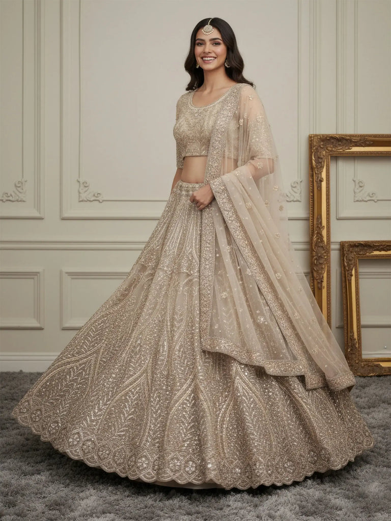 Beautiful Golden Diamond Work Net Reception Wear Lehenga Choli 