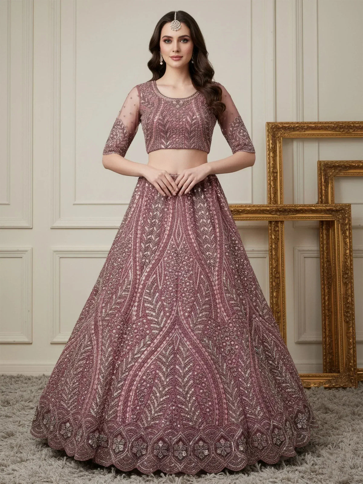 Elegant mauve lehenga choli with intricate embroidery and sequin work, perfect for Indian weddings and festive occasions.