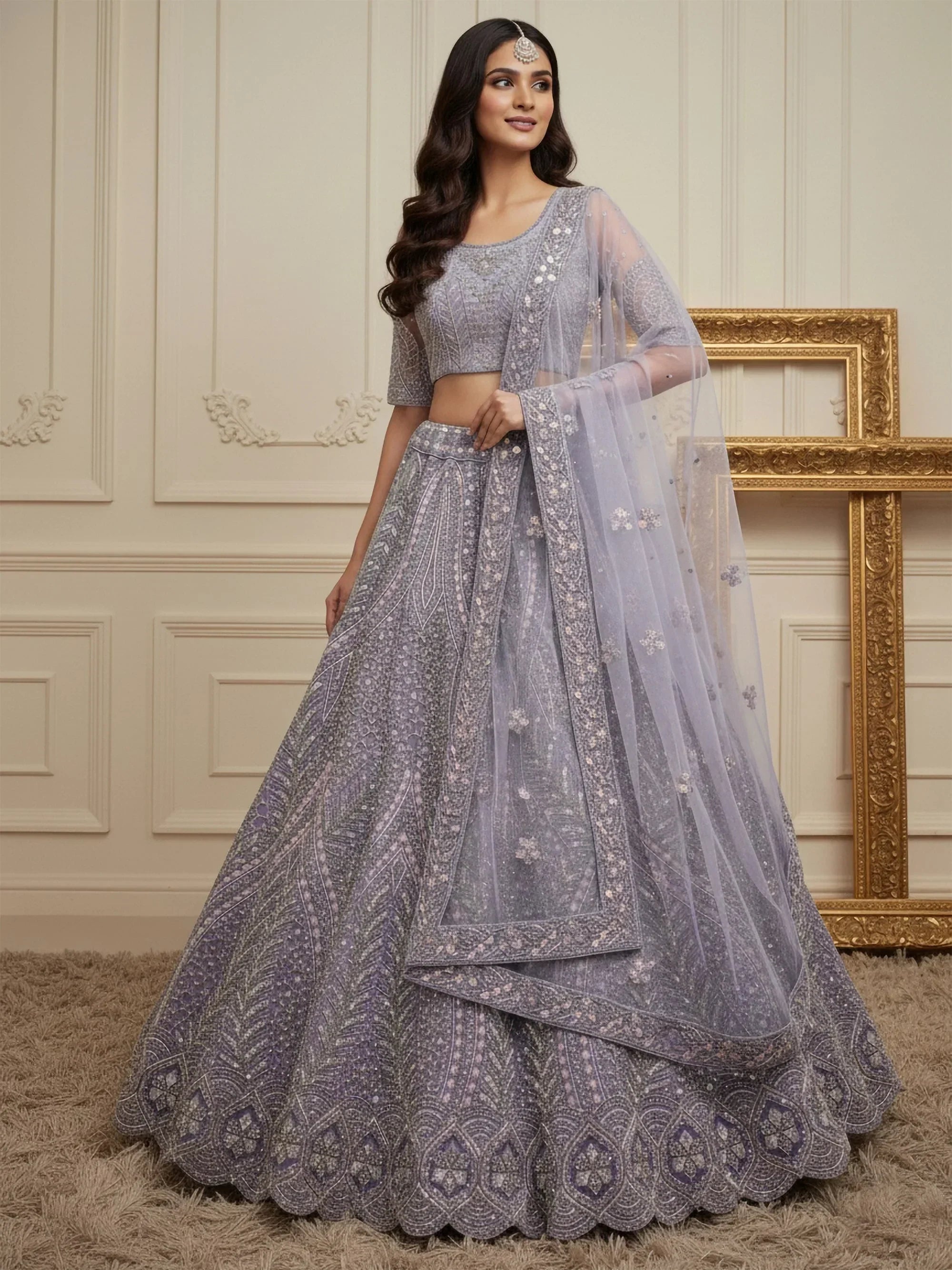 Wonderful Purple Sequins Embroidered Net Reception Wear Lehenga Choli 