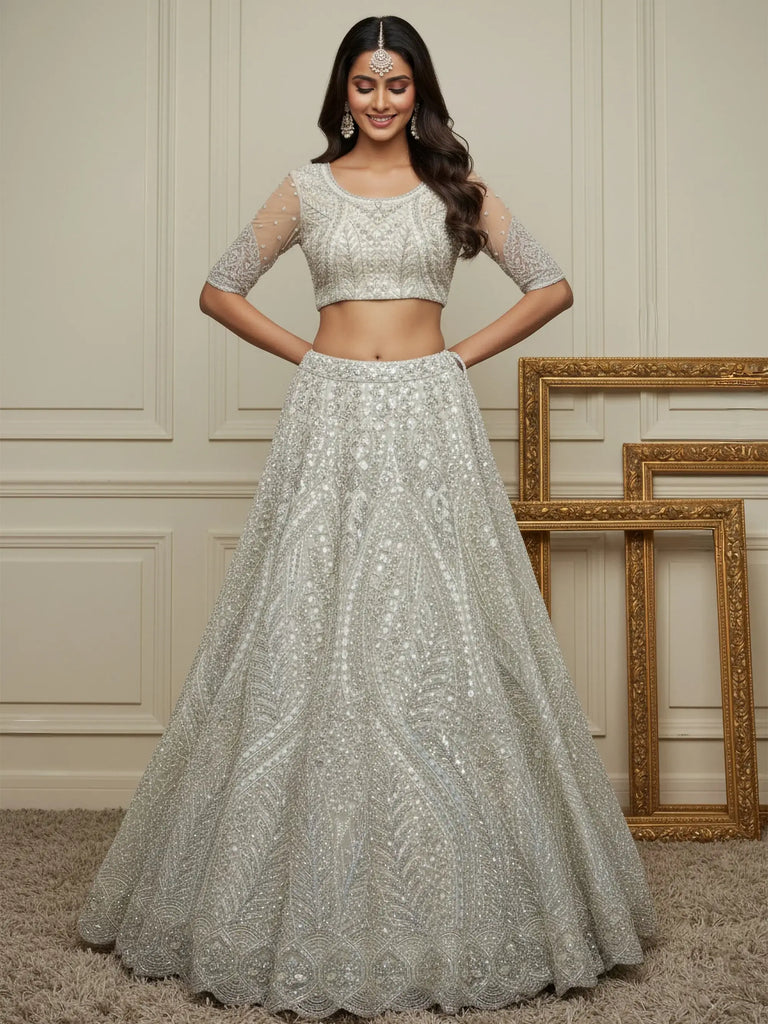 Precious Off-White Dori Embroidered Net Engagement Wear Lehenga Choli 