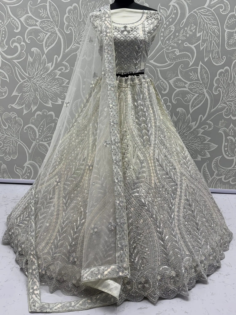 Precious Off-White Dori Embroidered Net Engagement Wear Lehenga Choli 
