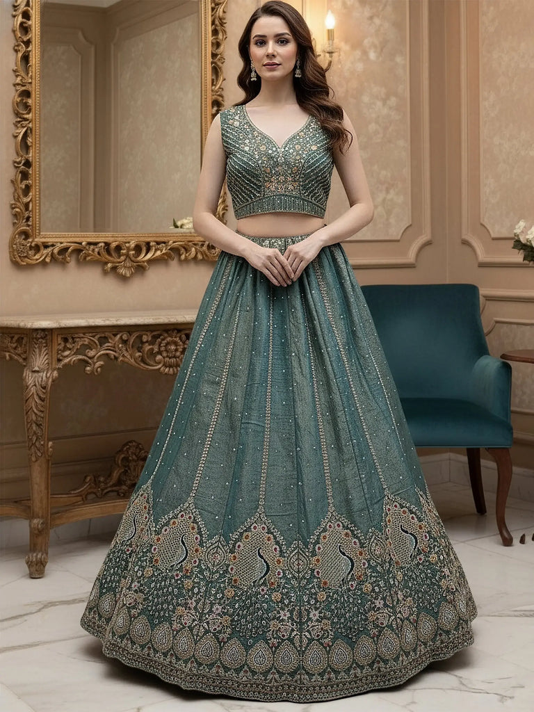 Dazzling Teal Blue Dori Embroidered Silk Wedding Wear Lehenga Choli