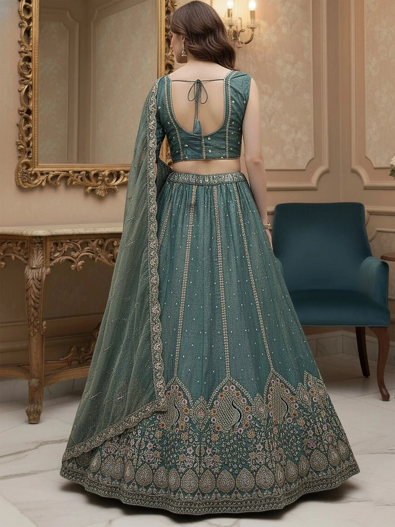 Dazzling Teal Blue Dori Embroidered Silk Wedding Wear Lehenga Choli
