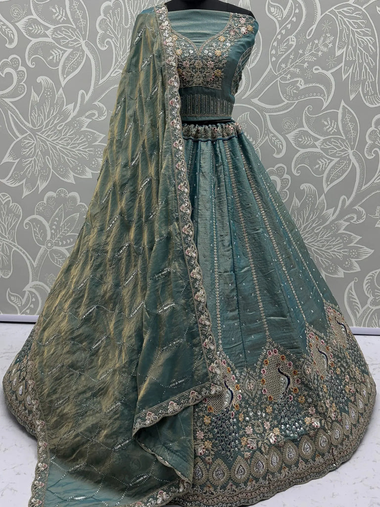 Dazzling Teal Blue Dori Embroidered Silk Wedding Wear Lehenga Choli