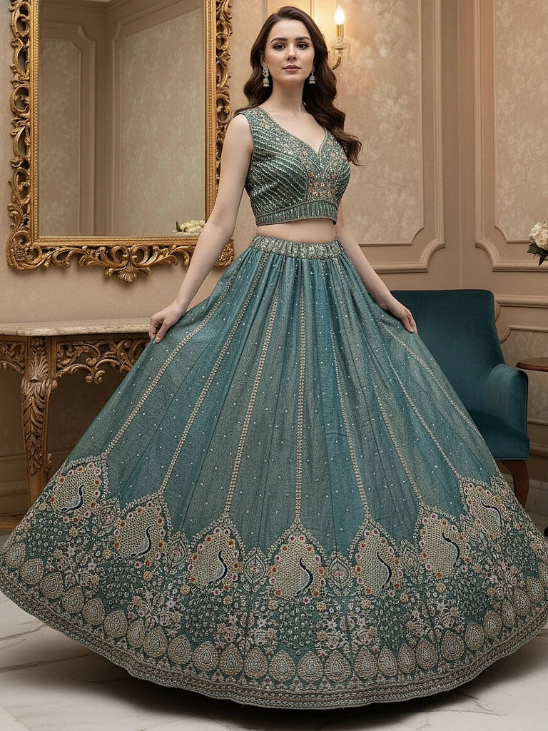 Dazzling Teal Blue Dori Embroidered Silk Wedding Wear Lehenga Choli