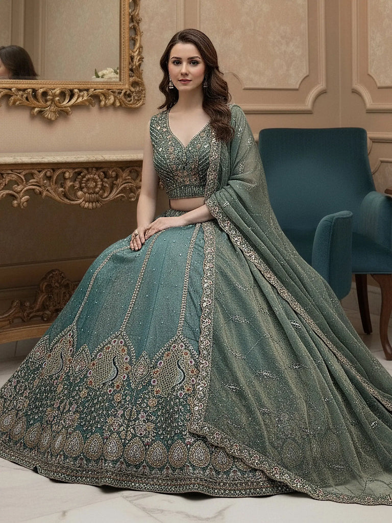 Dazzling Teal Blue Dori Embroidered Silk Wedding Wear Lehenga Choli