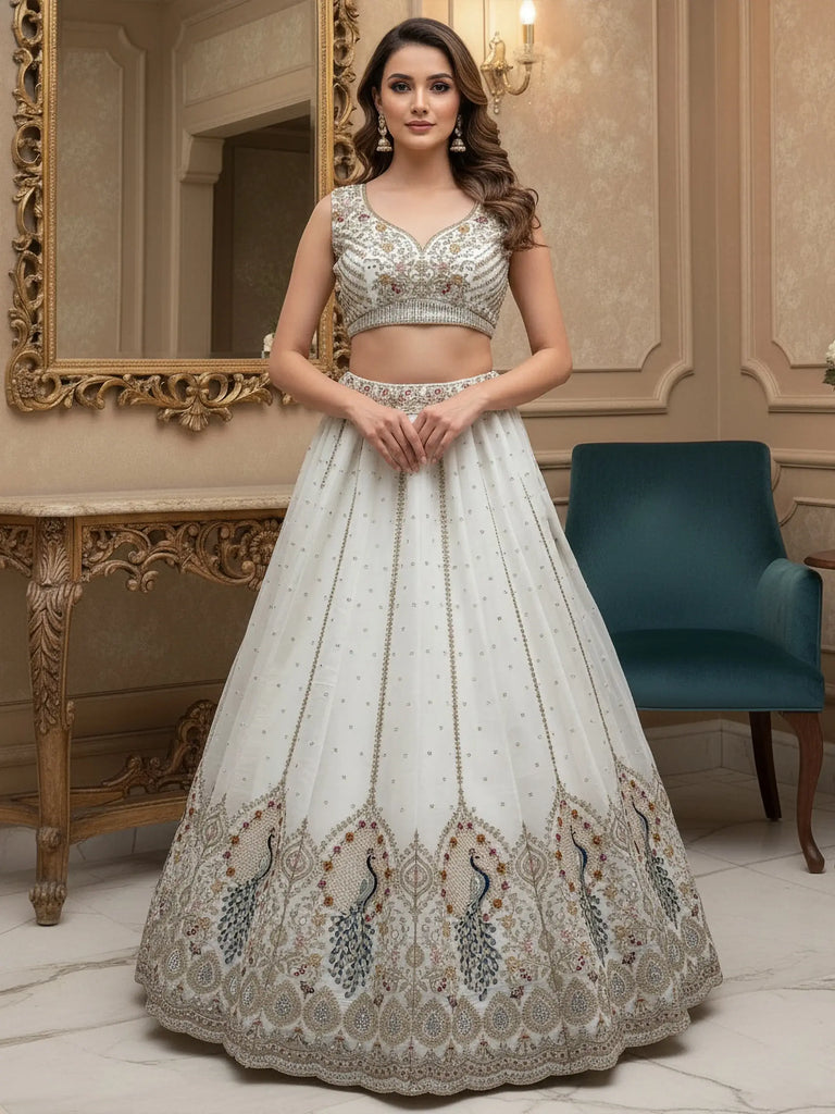 Glowing White Sequins Embroidered Silk Reception Wear Lehenga Choli