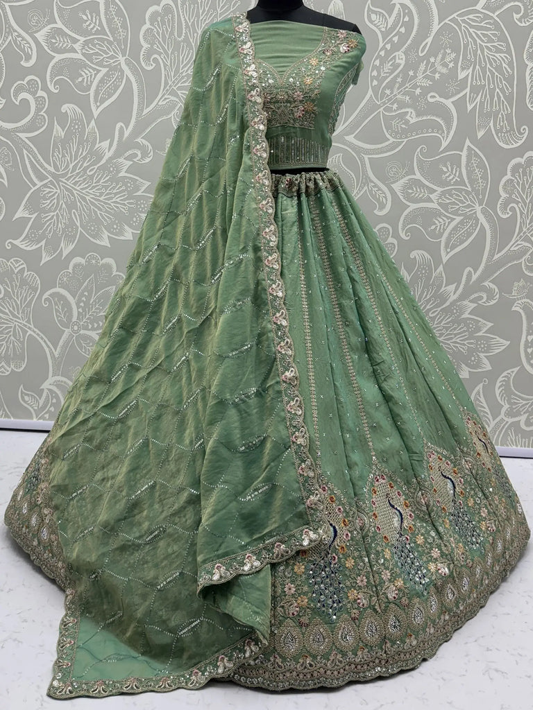 Beautiful Green Sequins Embroidered Silk Engagement Wear Lehenga Choli