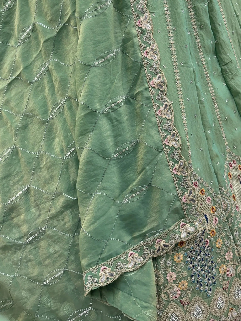 Beautiful Green Sequins Embroidered Silk Engagement Wear Lehenga Choli