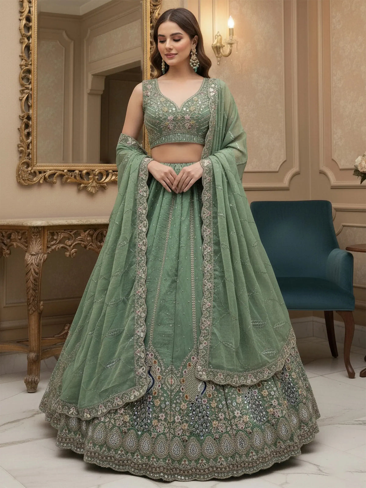 Beautiful Green Sequins Embroidered Silk Engagement Wear Lehenga Choli