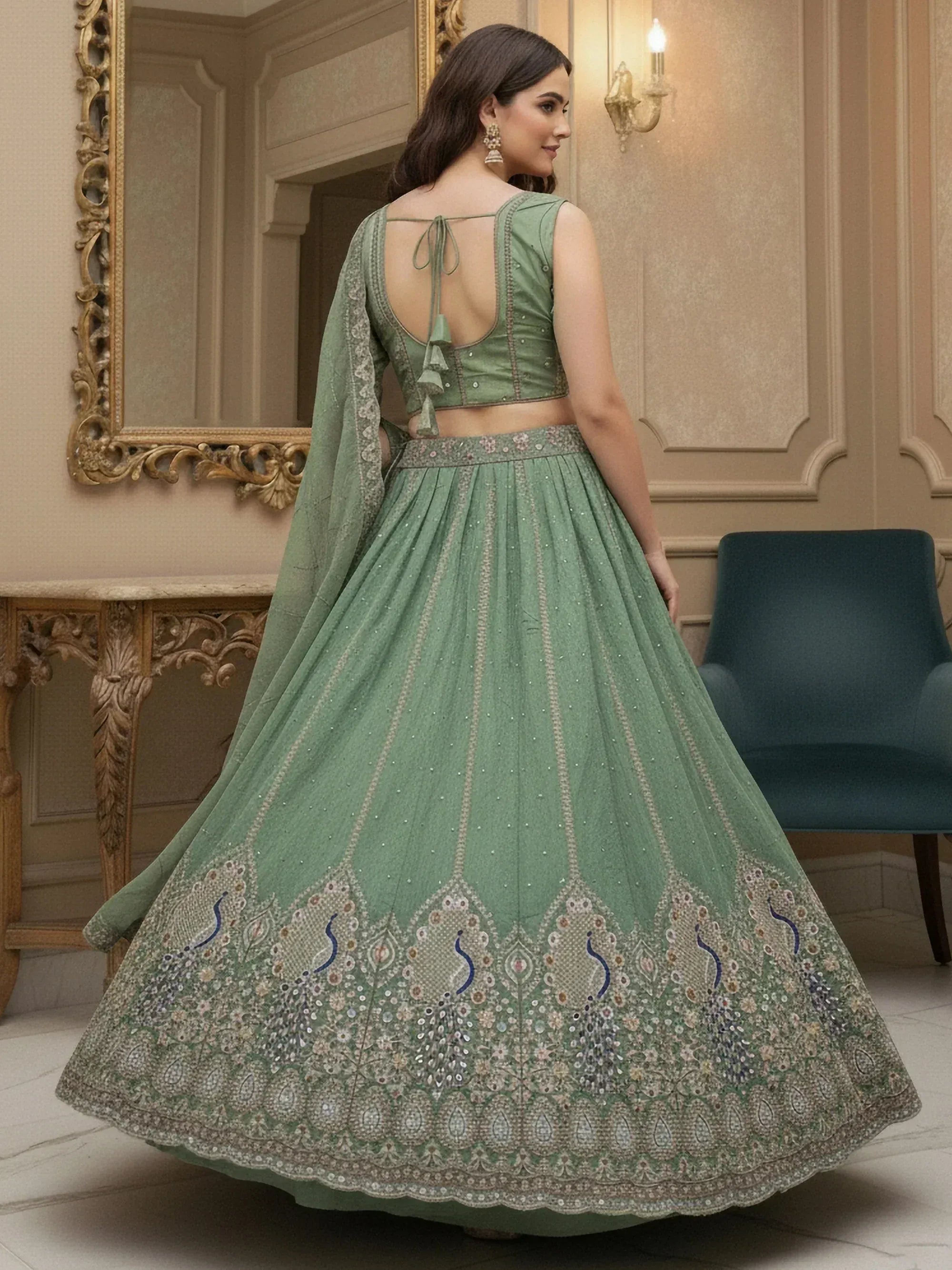 Beautiful Green Sequins Embroidered Silk Engagement Wear Lehenga Choli