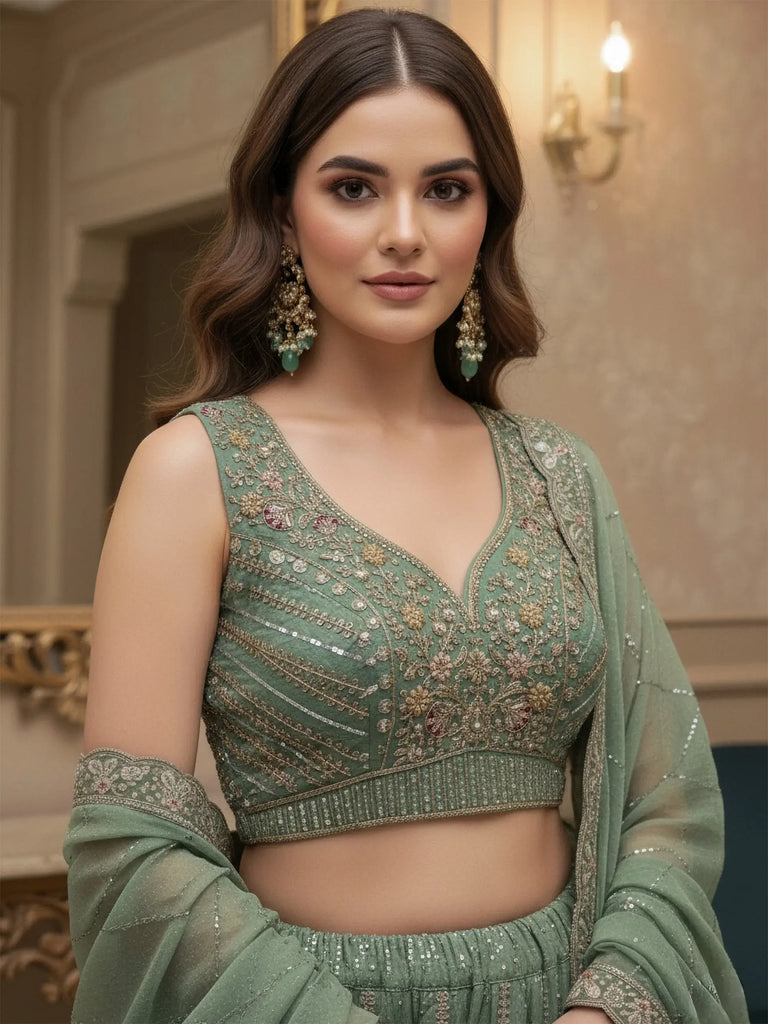 Beautiful Green Sequins Embroidered Silk Engagement Wear Lehenga Choli