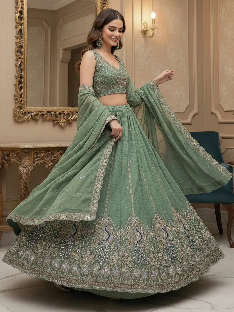 Beautiful Green Sequins Embroidered Silk Engagement Wear Lehenga Choli
