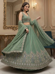 Beautiful Green Sequins Embroidered Silk Engagement Wear Lehenga Choli