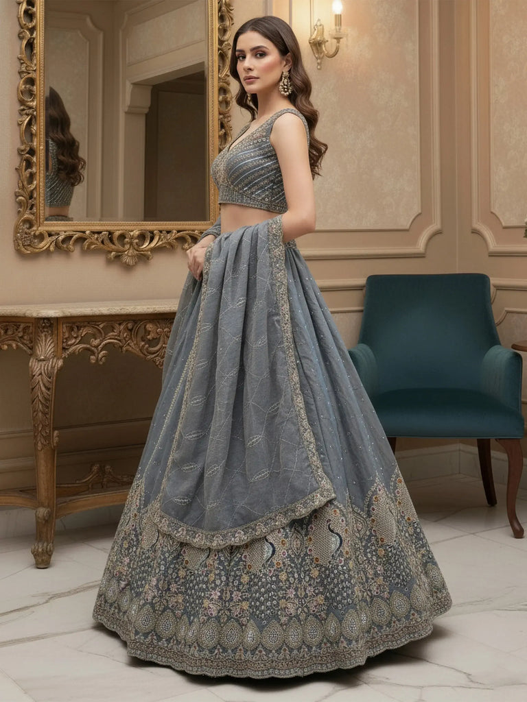Amazing Grey Dori Embroidered Silk Wedding Wear Lehenga Choli