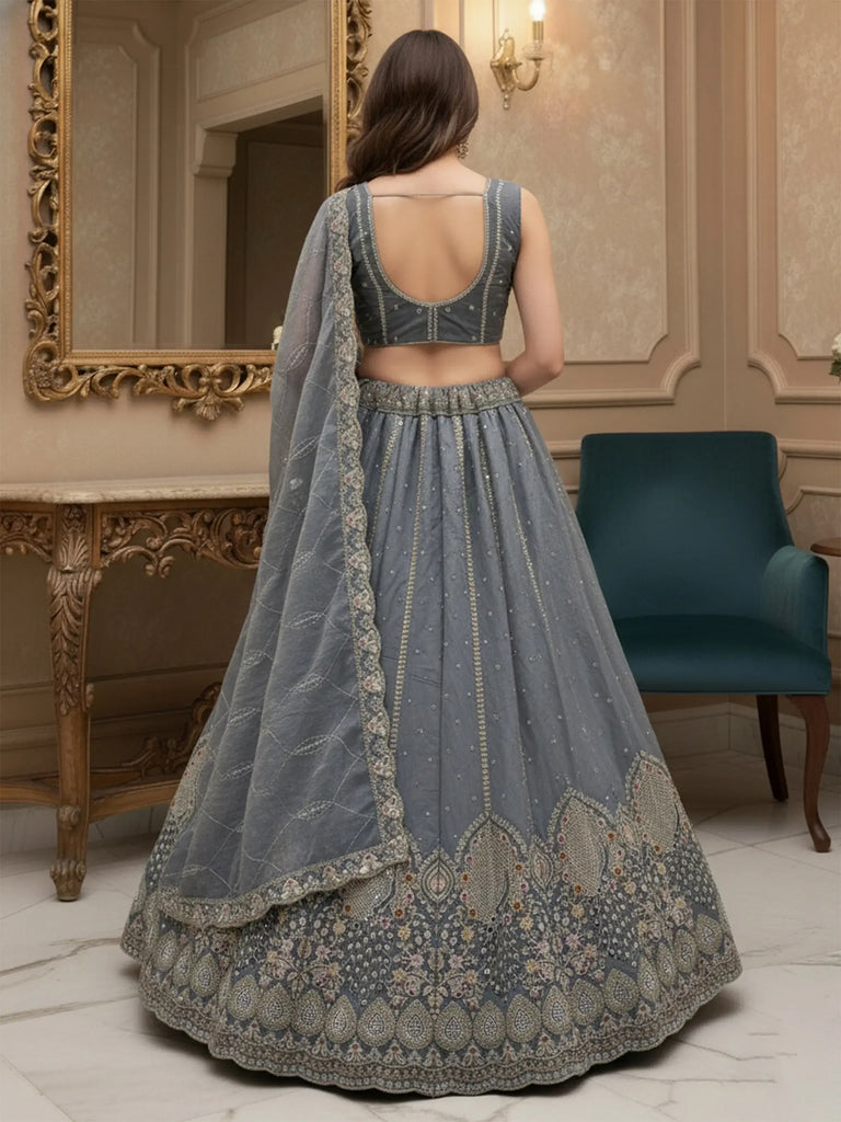 Amazing Grey Dori Embroidered Silk Wedding Wear Lehenga Choli