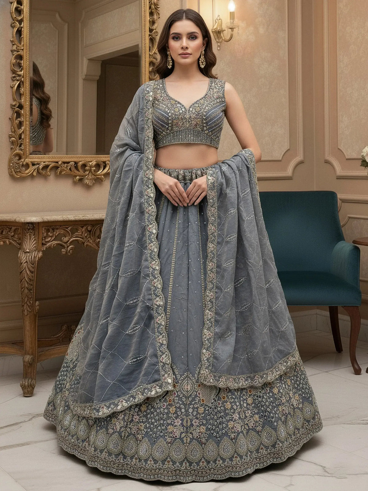 Amazing Grey Dori Embroidered Silk Wedding Wear Lehenga Choli