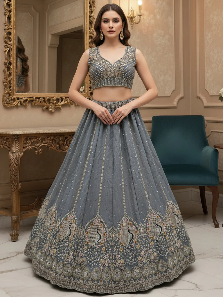 Amazing Grey Dori Embroidered Silk Wedding Wear Lehenga Choli