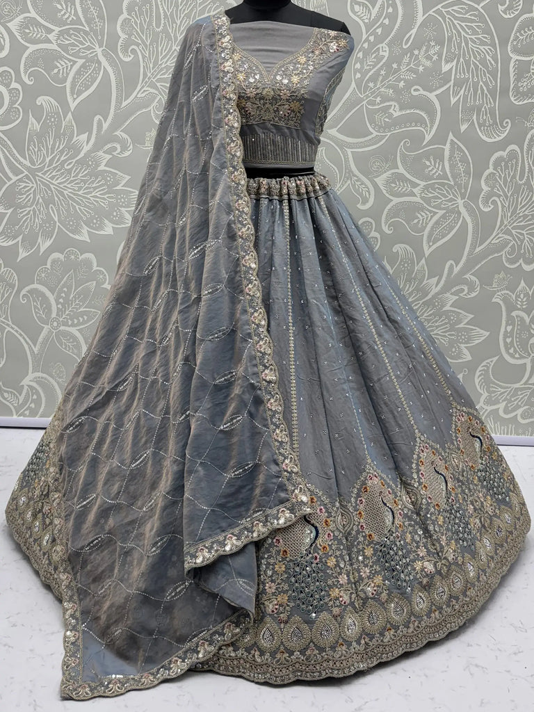 Amazing Grey Dori Embroidered Silk Wedding Wear Lehenga Choli
