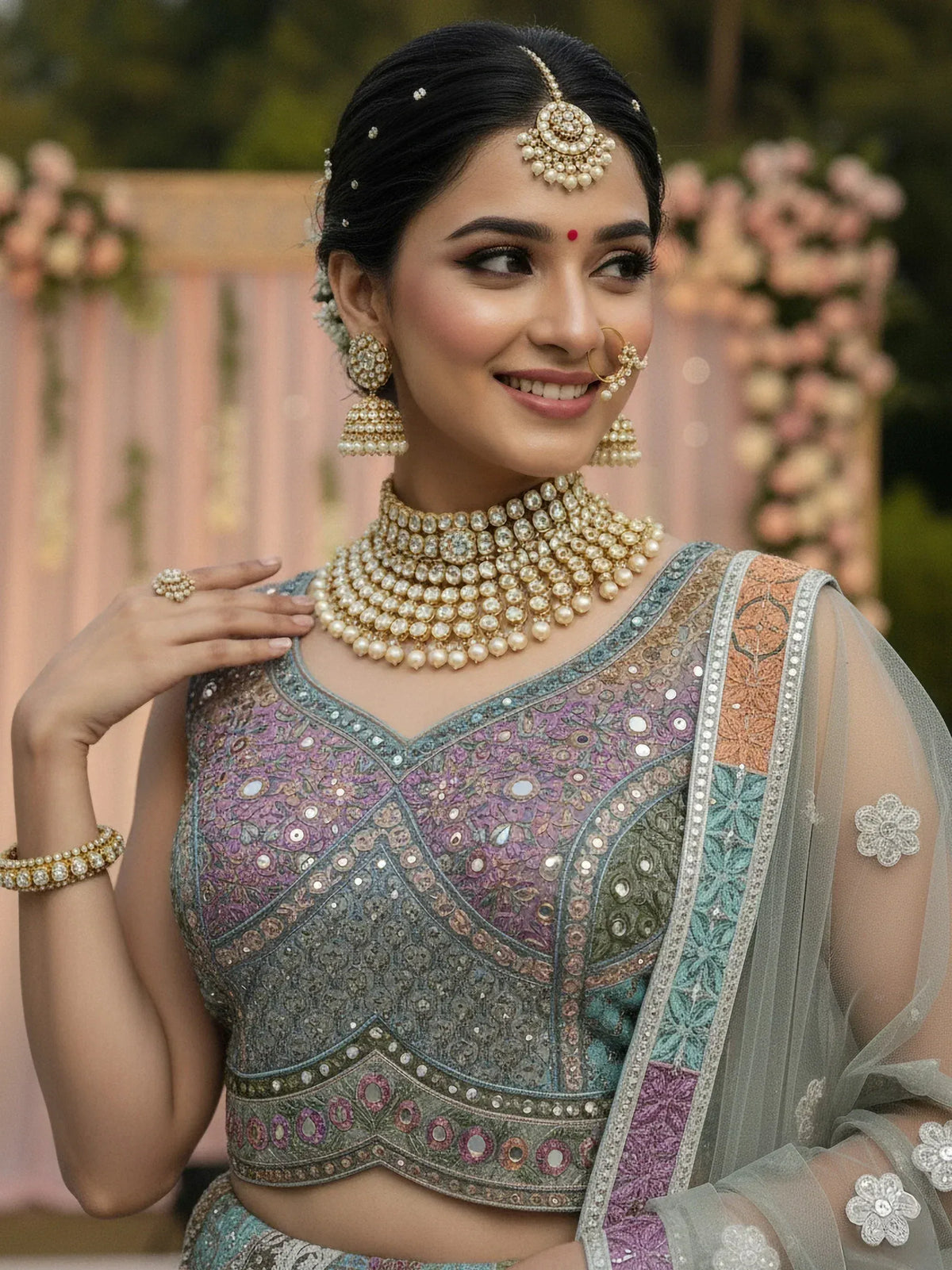 Elegant Indian bride in embroidered lehenga choli with pearl jewelry and floral dupatta, perfect for wedding ceremonies.